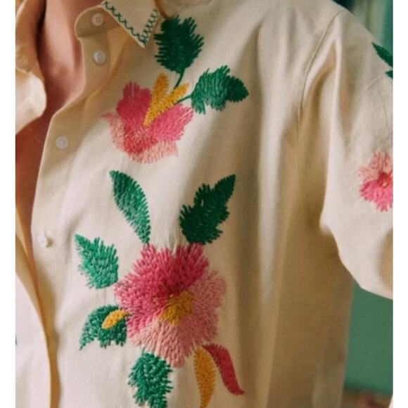 Sezane Maxy Top Shirt Oversized Beige Fits 16 & Up Floral Embroidered Button Up - Picture 2 of 15